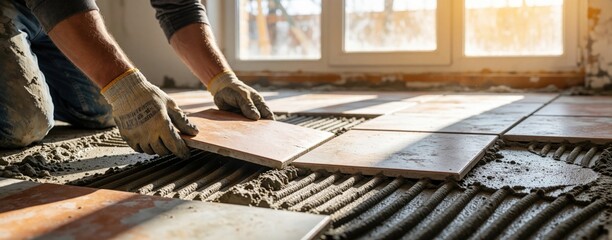 Obraz na płótnie Canvas Skilled male worker installs ceramic tiles on floor using adhesive cement. Pro builder performs home renovation in bright sunlit room. Close up of hands in protective gloves placing large terracotta