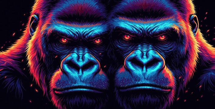 Two angry gorilla heads with glowing red eyes in dark background. Demonic ape faces feature neon blue, orange colors. Aggressive primate mascot design for t-shirt print, streetwear apparel, gaming