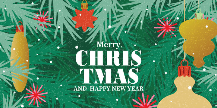 Modern Merry Christmas and Happy New Year greeting card or web banner.