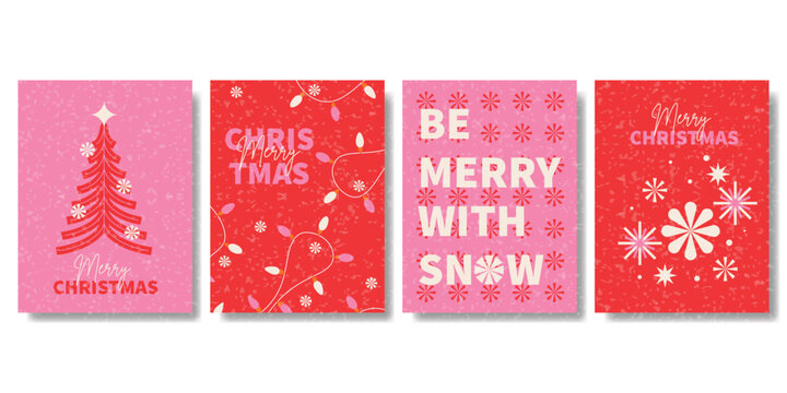 Modern Christmas Poster Collection with Minimal Typography and Festive Graphic Elements, for banner, social media, packaging. pink red and white color.