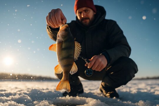 Ice fisherman holding fresh perch on frozen lake in winter sunlight, outdoor sport and cold weather adventure.