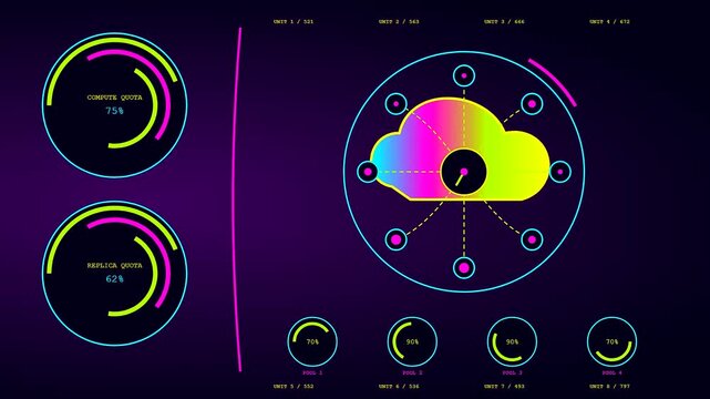 Neon digital metrics showing cloud orchestration as dynamic circular data charts flicker across multiple screens inside a dark virtual environment focused on server load balancing