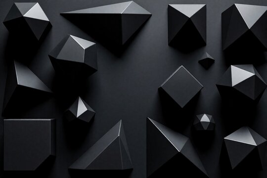 Abstract black 3D geometric shapes float on dark matte background. Various polyhedral forms like cubes, pyramids create modern minimal composition. Luxury dark texture with shadow, light effect works