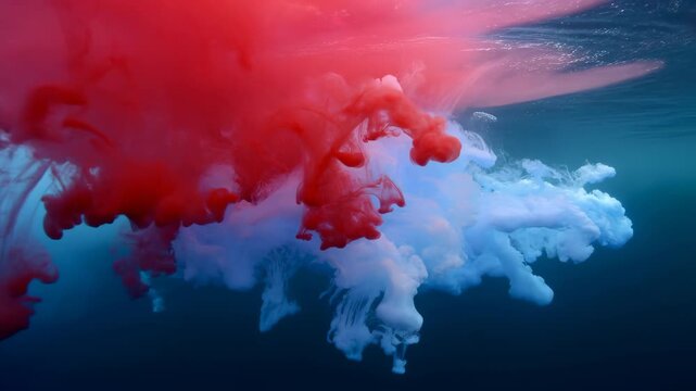 60 FPS Underwater red ink cloud colliding with white dye plume in teal water slow motion