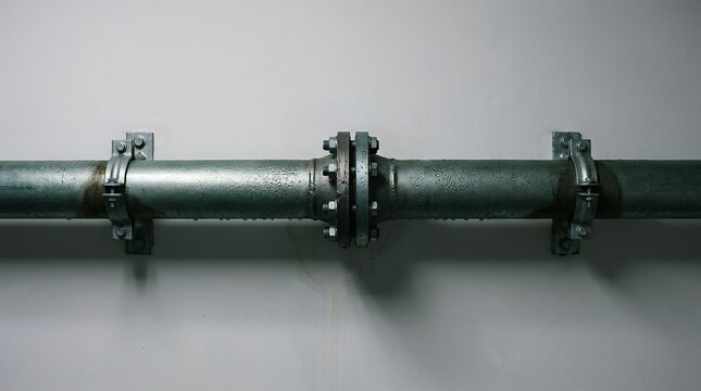 Chilled water industrial pipe with condensation moisture droplets and bolted flange joint mounted on wall with heavy duty brackets in mechanical utility facility