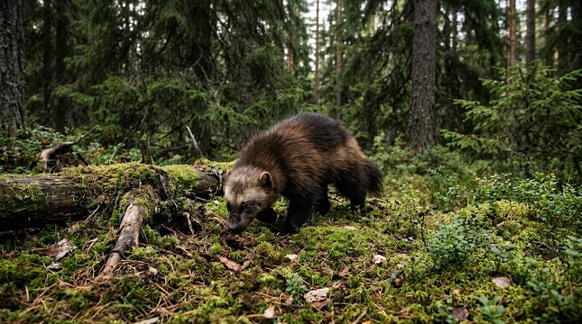 Solitary wild wolverine foraging naturally on forest ground surrounded by moss and northern boreal taiga wilderness habitat during serene daytime wildlife observation moment wolverine wild animal