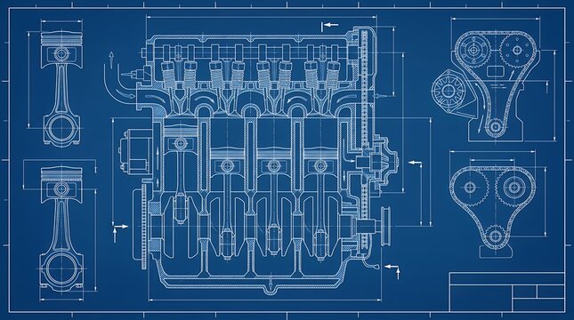 Detailed technical blueprint drawing schematic diagraminternal combustion machine engine showcasing mechanical engineering parts draft design planning industrial manufacturing and development
