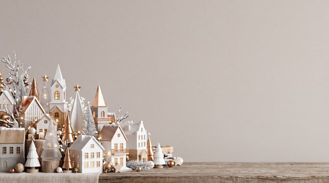 Minimalist Christmas village decoration on wooden table with copy spac