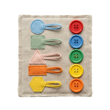 Educational toy for kids with colorful felt shapes and buttons on fabric background