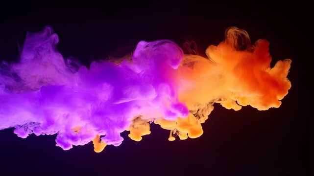 Purple and orange ink cloud collision expanding in dark water abstract background 60 FPS