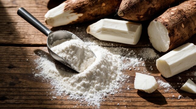 Fresh white cassava flour with metal scoop on rustic wooden table. Raw peeled cassava roots, powder pile near cooking ingredients. Organic starch starch powder for gluten free baking healthy diet
