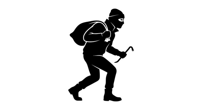 Thief running with sack and crowbar vector silhouette isolated on white background