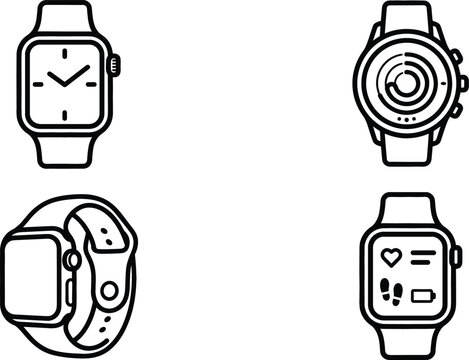 Smartwatch icon set featuring minimalist line art illustrations of fitness trackers and digital timepieces