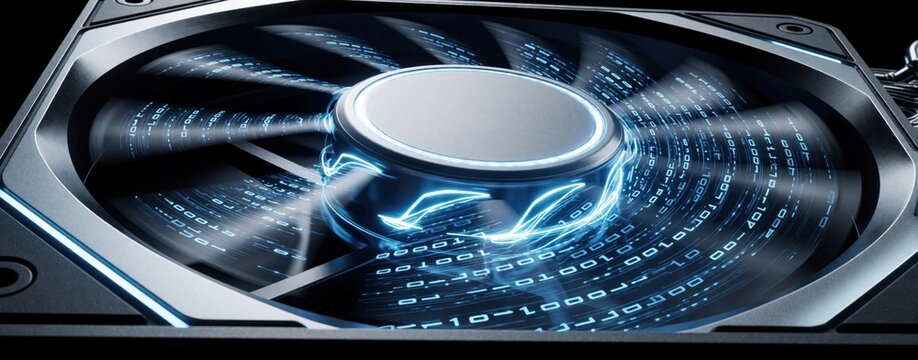 High tech computer cooling fan spins with glowing blue digital data streams. Electronic hardware component uses binary code, neon light for heat management. Futuristic cooling system works in server