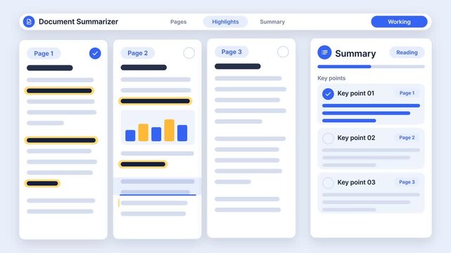 Document Summarizer App Interface Processing Multiple Pages and Generating Key Points, Highlighting Text and Creating Summary Dashboard Animation