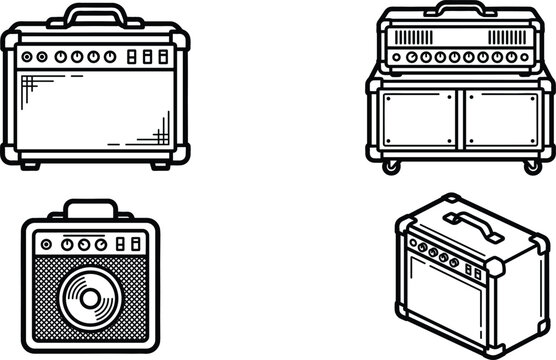 Vector set of black and white amplifier cabinet icons for audio equipment line designs