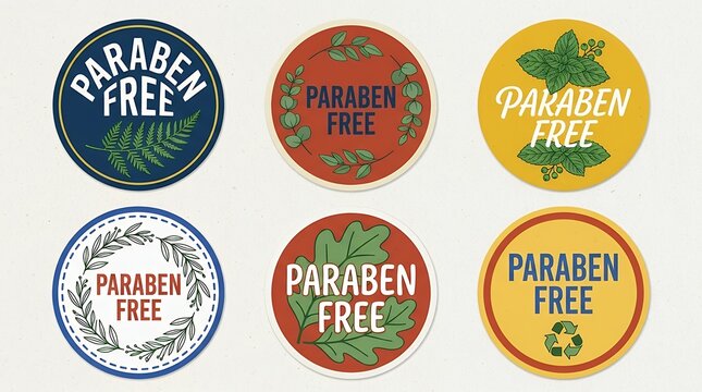 Setcolorful circular label badges in blue red and yellow color palette featuring paraben free text typography with organic green natural plant leaf symbols ideal for eco product packaging