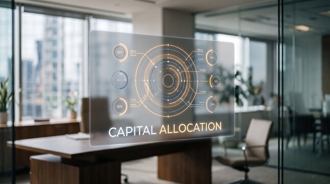 Conceptual holographic display showing capital allocation, symbolizing advanced financial planning and strategic business intelligence in a modern corporate office environment