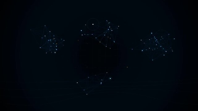 Glowing blue constellation clusters and digital network nodes connect dynamically against a dark background with subtle neon lighting effects and faint grid lines.