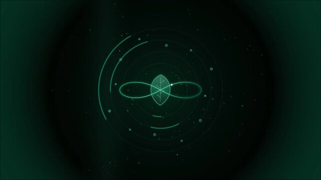 A futuristic green HUD animation features a glowing leaf and infinity symbol surrounded by concentric radar circles and subtle ambient particle lighting on a dark gradient background.