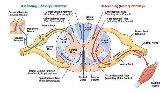 Detailed Anatomical Illustration of the Human Spinal Cord Highlighting Sensory Ascending and Motor Descending Pathways