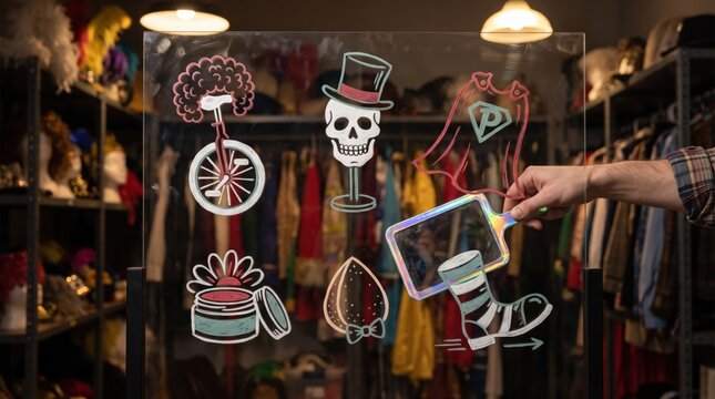 Halloween costume cosplay party doodles drawn on mirror, hand touching glass with skull top hat, superhero cape, striped boot, makeup jar and unicycle icons, dress up outfit overlay