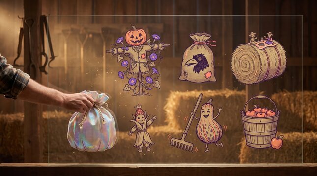 Autumn harvest Halloween doodles drawn on mirror, hand touching reflective glass with scarecrow, pumpkin, hay bale, crow sack and apple basket icons, rustic fall folk art overlay, October art