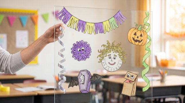 School Halloween classroom party doodles drawn on mirror, hand touching glass with pumpkin, purple monster, coffin with bat and paper bag monster icons, kids craft decoration overlay