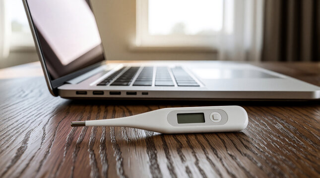 Digital thermometer lies on wooden desk near open laptop. Remote telemedicine concept for home healthcare, medical monitoring. Patient uses computer for online doctor consultation, check fever