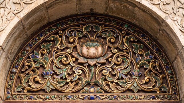 Ornate wood carving featuring a lotus flower design in a half-circle architectural arch. Traditional wooden carved transom window detail with intricate floral patterns