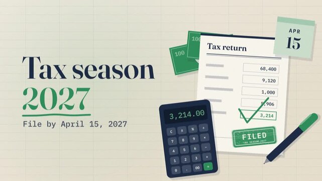 Tax season 2027 title card with tax return calculator and filed stamp