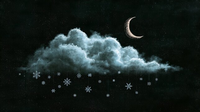 Winter night scene of a textured snow cloud with a golden crescent moon and falling snowflakes, chalk artwork for holiday greetings, weather reports and decor