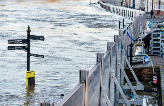 Flooded area with signpost half submerged in river water,Bewdley,Worcester,UK.
