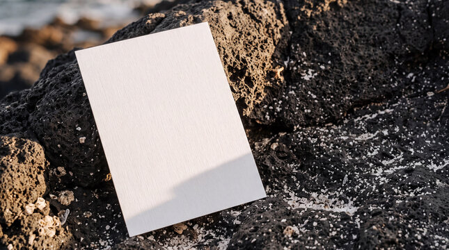 Mockup Blank white card mockup on dark volcanic rock with seashells and ocean background