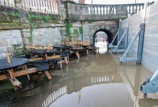 River water flood barriers,at Bewdley,Worcestershire,United Kingdom.