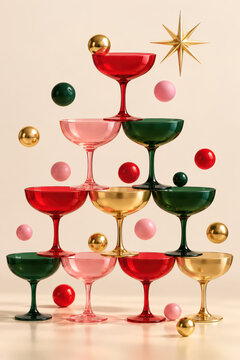 Coupe glass tower stacked as a Christmas tree, gold star on top among floating baubles. Festive champagne party, New Year celebration and holiday entertaining