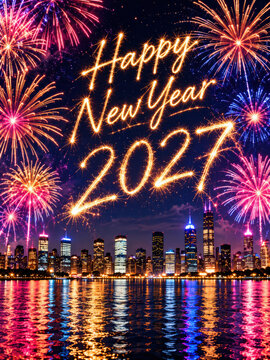 Happy New Year 2027 written in sparkler light trails above fireworks and a city skyline reflected in water. New Years Eve fireworks and celebration