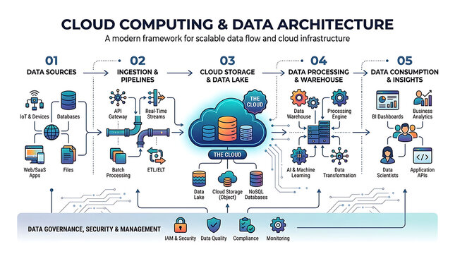 Cloud computing and data architecture diagram. Modern framework infographic for scalable data flow and cloud infrastructure