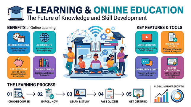 E-learning infographic banner with online education vector illustrations, digital classroom concepts, and knowledge development symbols for training presentations