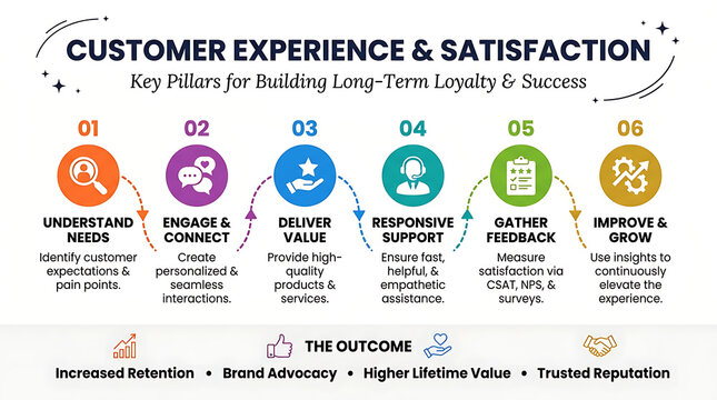Customer experience and satisfaction infographic, key pillars for building long-term loyalty and success business diagram