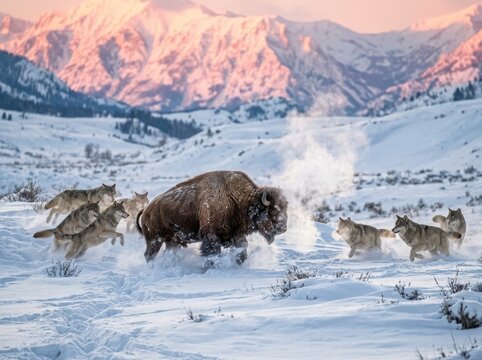 Bison confronting wolf pack in snowy mountain wilderness