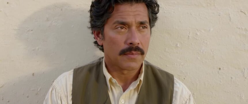 Man in a cream vintage shirt glancing gently aside