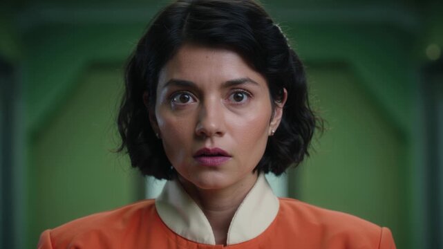 Woman in an orange future jacket raising her eyebrows