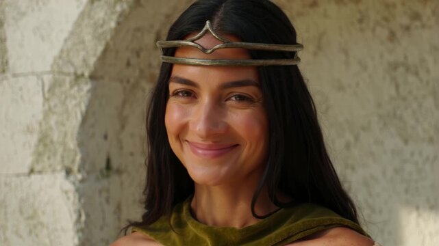 Woman in a bronze circlet giving a gentle smile