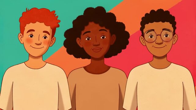 Three illustrated adults smiling against bold diagonal colors