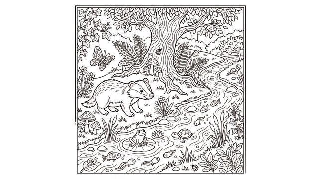 Detailed square outline a charming woodland forest scene featuring a playful wild badger tree foliage butterfly and a flowing brook with swimming aquatic creatures for children coloring page