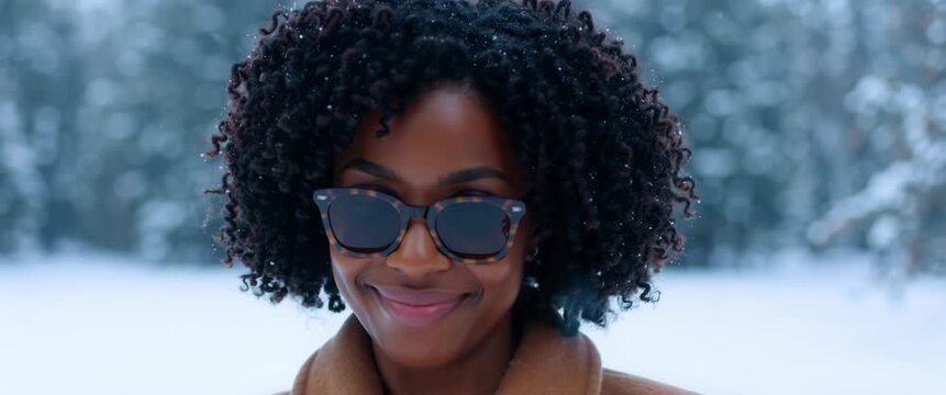 Woman in tortoiseshell glasses beneath softly falling snow