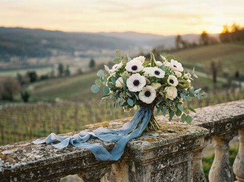 Anemone bouquet on rustic balustrade with countryside sunset copy space