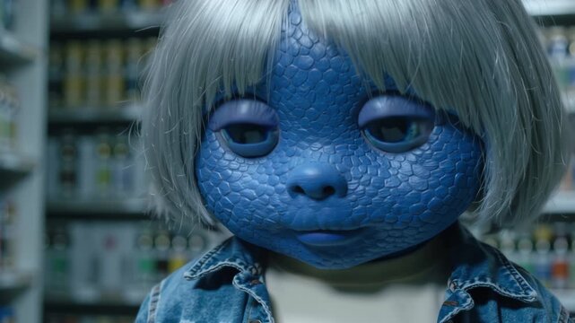 Blue scaled humanoid with a silver bob giving a gentle nod