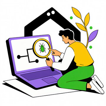 Person Examines a Bug with a Magnifying Glass Near a Laptop